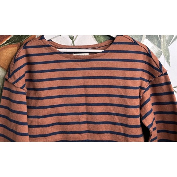 Madewell XS Luxe Long-Sleeve Tee in Casler Stripe Rust Orange Navy Blue Cotton - Picture 2 of 6